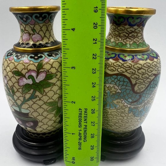 Pair of Vintage Chinese Cloisonne Dragon/Lotus Vases Carved Wood Stand Circa Lat - Picture 4 of 9
